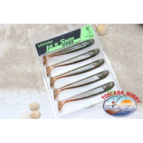 JIG AND SWIM Shad 12 cm-5 pcs. La Filature De La Basse Mer. UV M. de Paillettes. Aromatisé.AR551