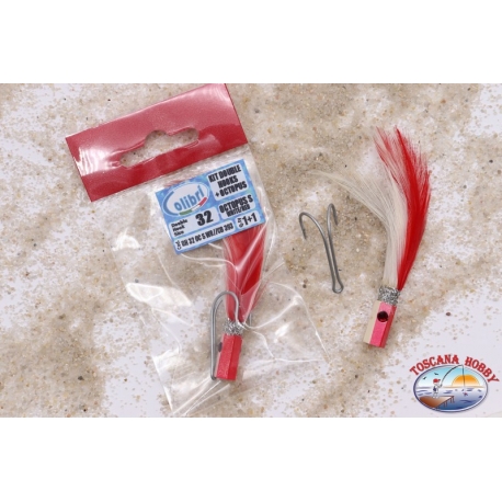 Señuelos para pesca de curricán, Colibrí, Kit de doble gancho/pulpo con plumas, tamaño 32, blanco/rojo