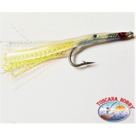 Handmade bait with steel hook, 7 cm holographic filaments. about