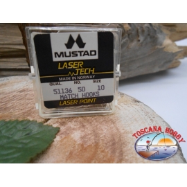 1 confezione da 50pz ami Mustad "laser tech" serie 51136 sz.10 FC.A474