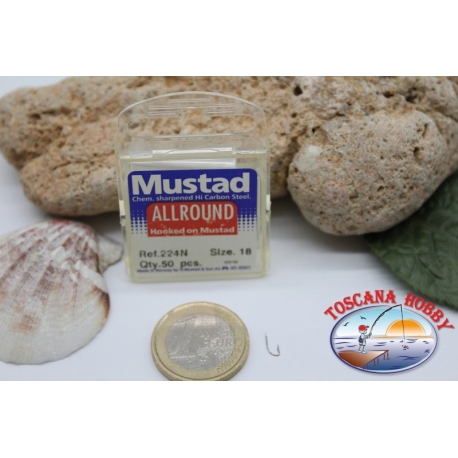 1 boîte de 50pcs hameçons Mustad cod.224N n.18, tous les tours de crochet FC.B4B