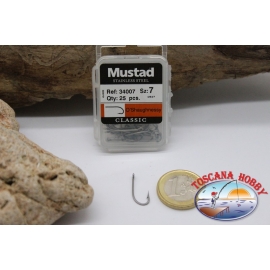 1 boîte de 25 pcs Mustad cod. 34007, pas. 7, o'shaughnessy, oeillets FC.B57D