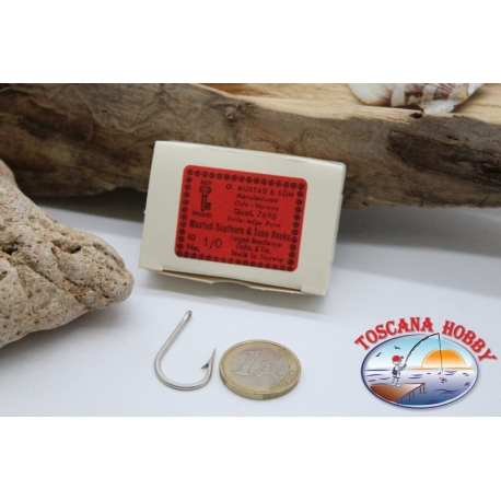 1 box 10st angelhaken Mustad cod. 7690, nr. 1/0, Needle eye cadm Tin, öse FC.B74B