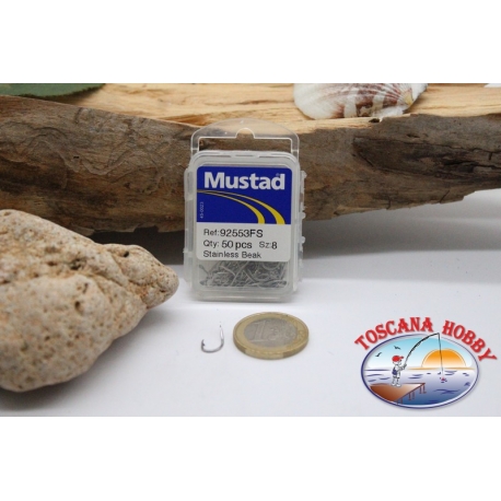 1 boîte de 50pcs hameçons Mustad cod. 92553FS, pas. 8, Inoxydable Bec FC.B81A