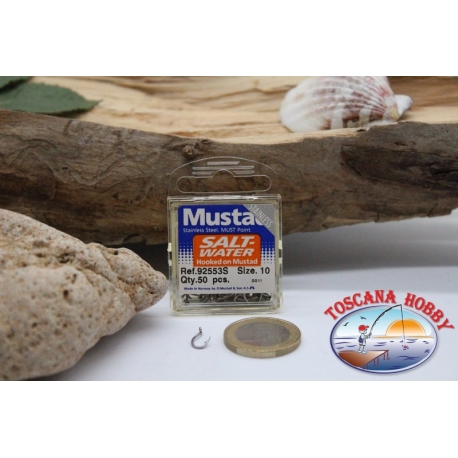 1 caja 50pcs anzuelos Mustad-cod. 92553S, no. 10, agua Salada, ganchos, ojal de la FC.B81E