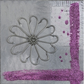 La peinture de fleurs à paillettes argent fuchsia, taille 30x30. QR10