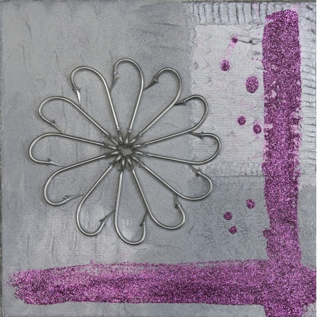 Painting flower silver glitter fuchsia, size 30x30. QR10